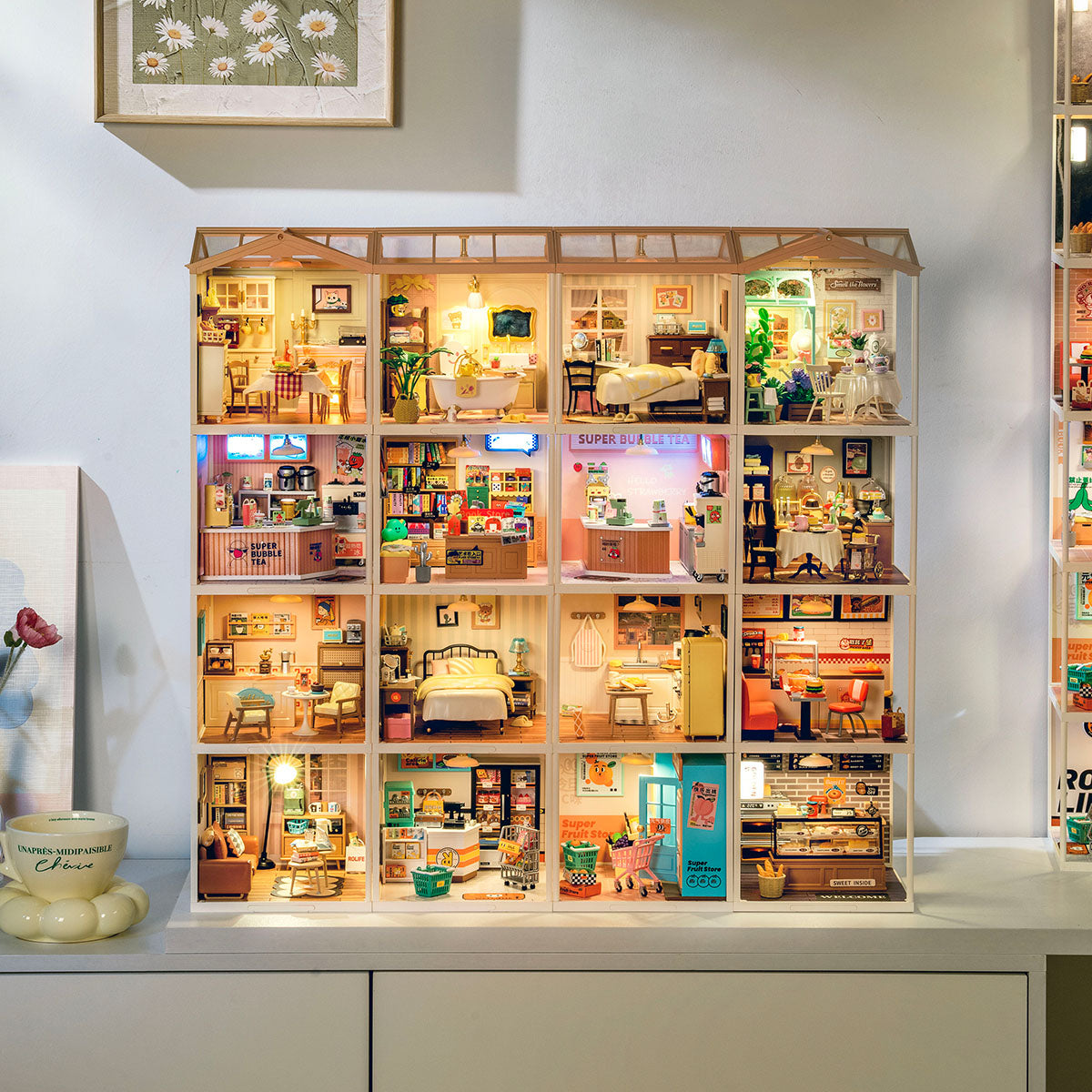 Rolife Warm Dining Room display wall showing multiple connected miniature room scenes