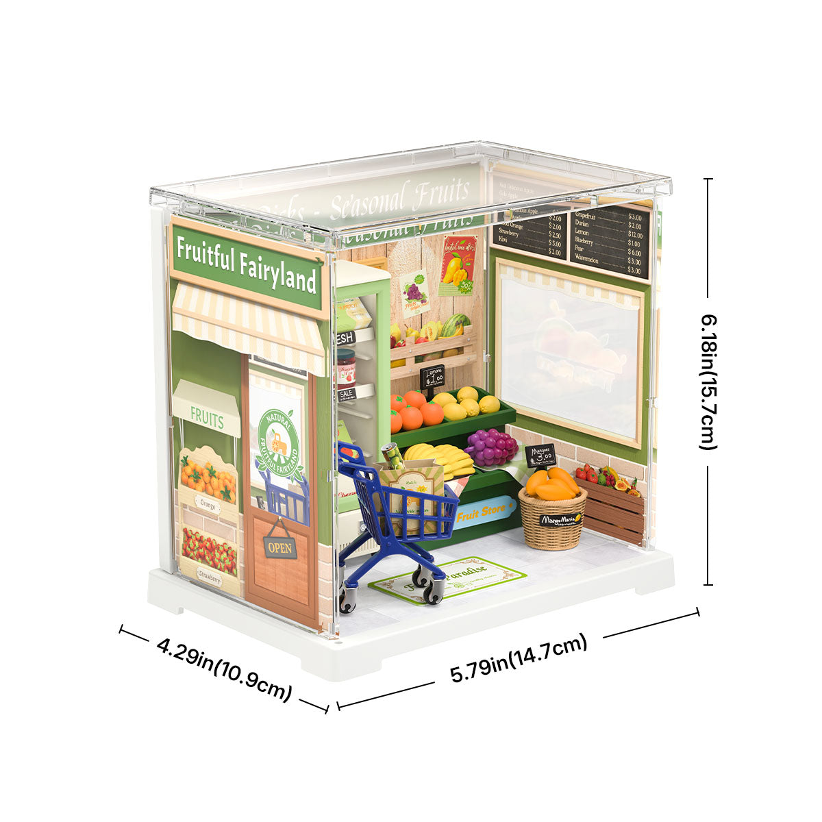 Rolife Nature Energy Fruits DWS01B dimension sheet showing the miniature measures 5.79in wide by 4.29in deep by 6.18in tall with Fruitful Fairyland exterior visible.