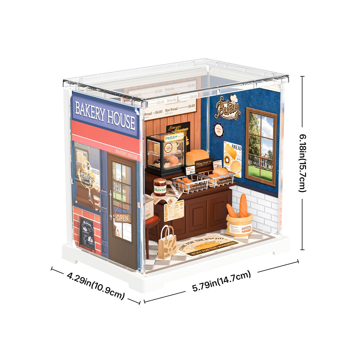 Rolife Butter Bakery House DWS03B with dimensions annotated showing 5.79in by 4.29in by 6.18in with the open acrylic case revealing the detailed blue bakery interior.