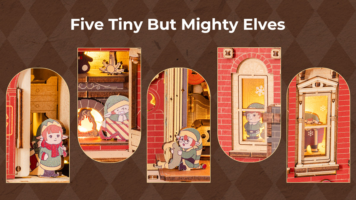 ROKR Dream Gift Factory wooden music box EAB01 promotional banner featuring five tiny elf characters peeking through arched windows of the illuminated factory.