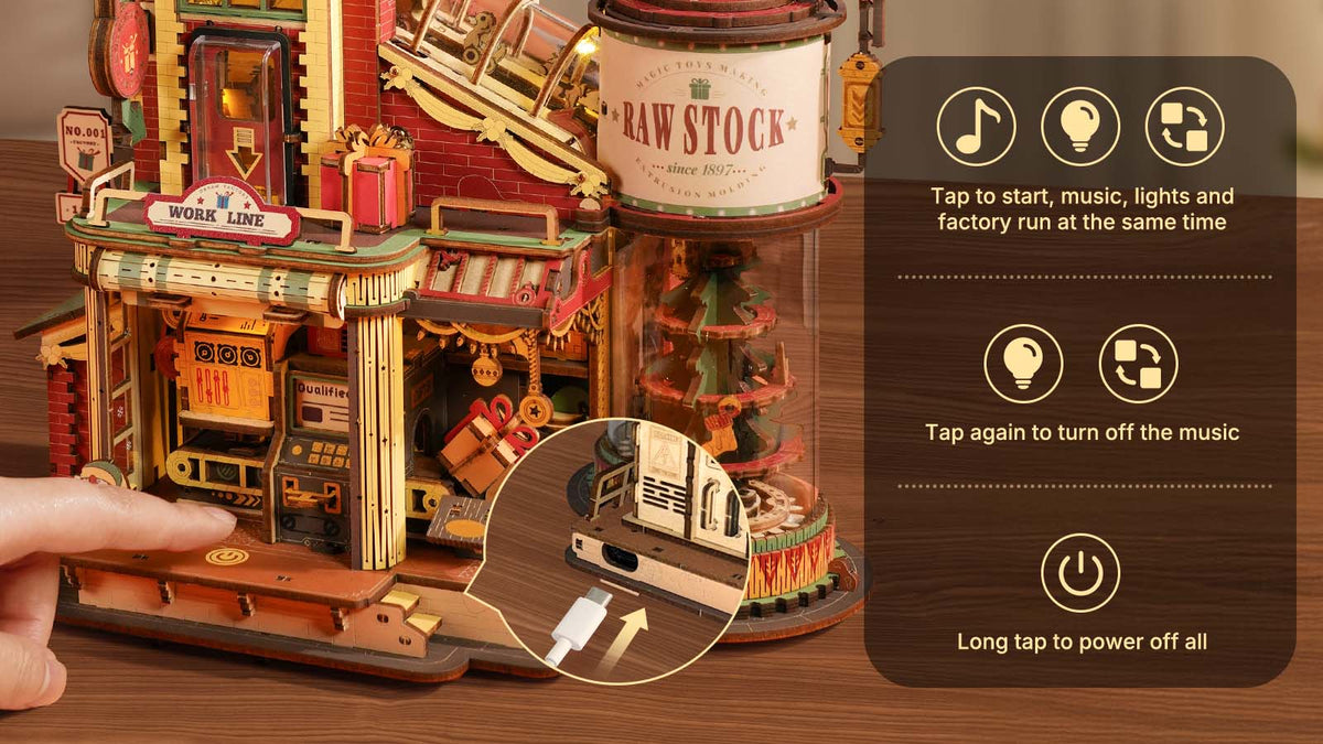 ROKR Dream Gift Factory wooden music box EAB01 infographic showing how a single tap activates music, lights and rotating factory production line simultaneously.