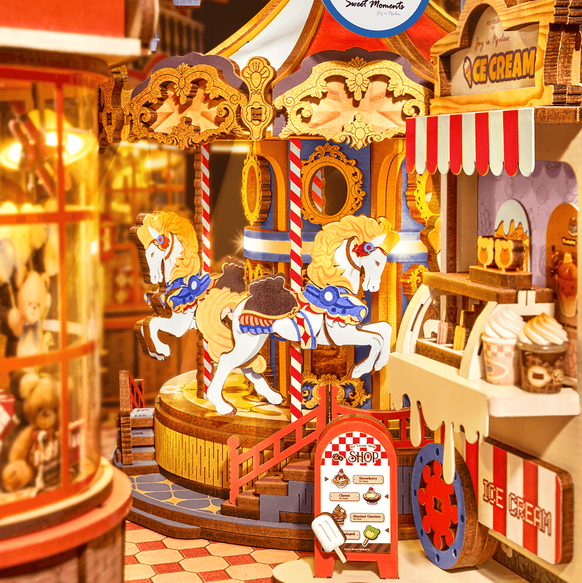 Rolife Fairytale Amusement Park Book Nook TGB17 3D wooden puzzle model, close-up of interior components and accessories