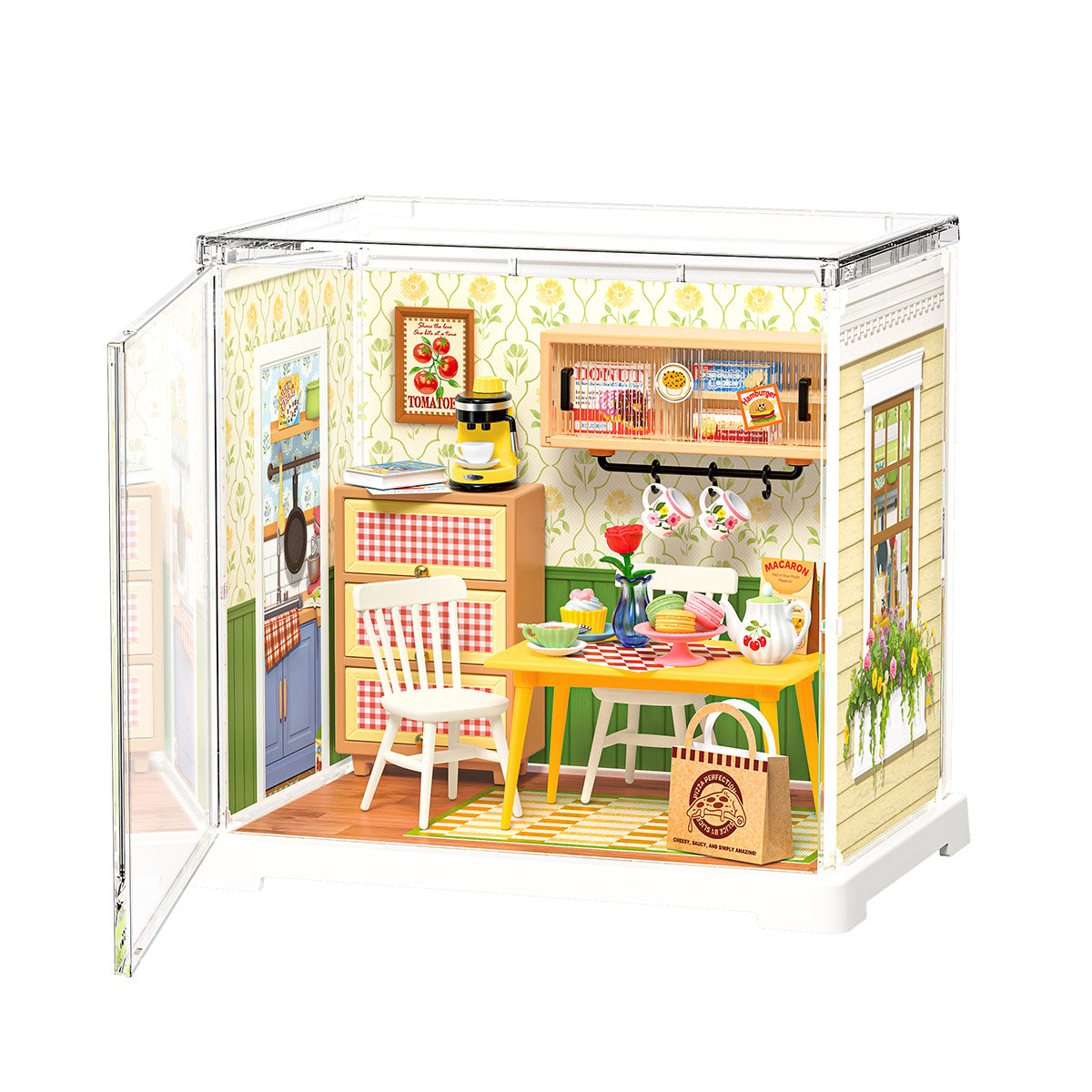 Rolife Floral Dining Room Miniature House DWS06B DIY miniature house kit, product front view on neutral background