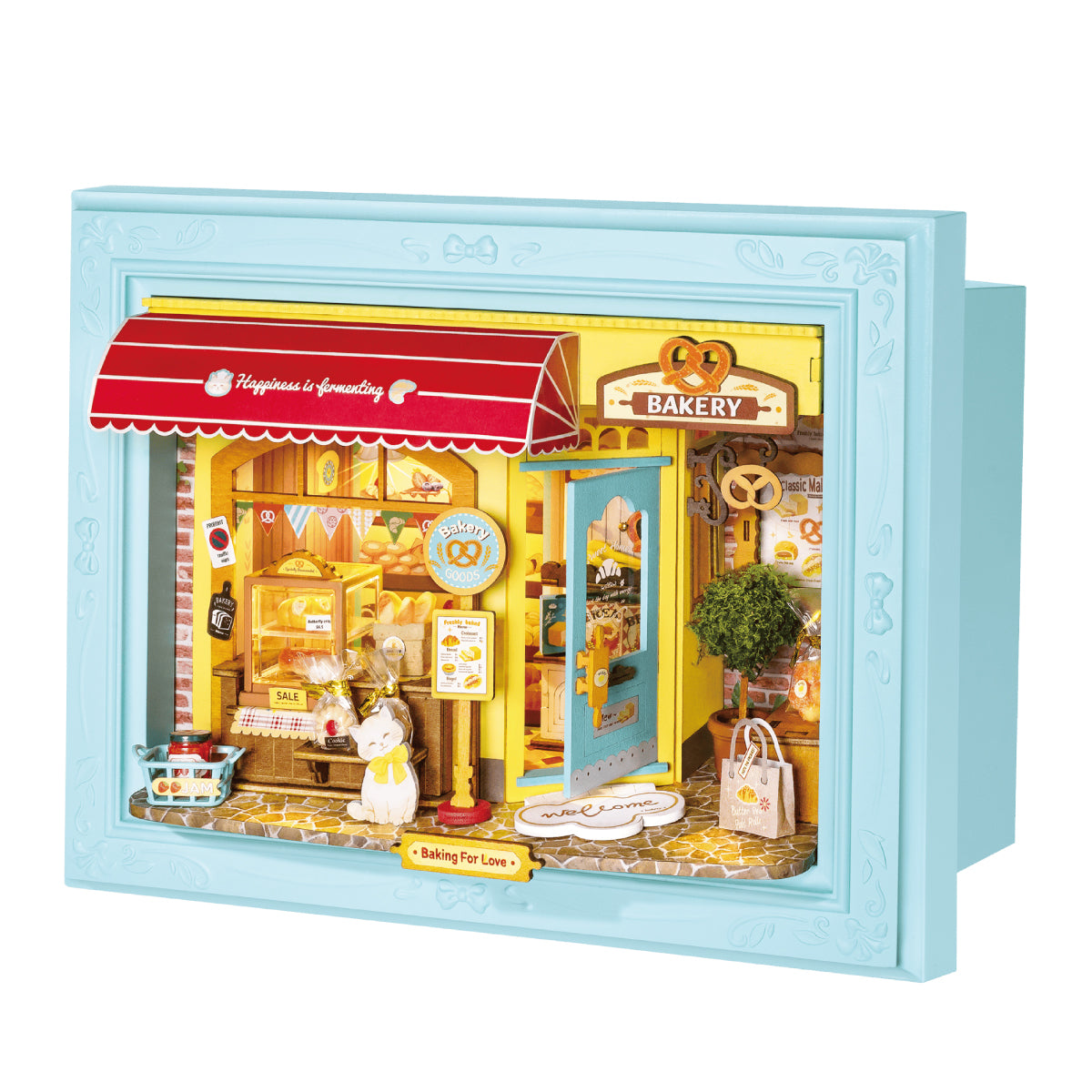 Rolife Fluffy Cat Bakery 3D Wooden Puzzle DP001 3D wooden puzzle model, product front view on neutral background