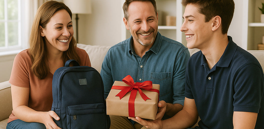 Family of three on a couch smiling as a teenager receives a kraft gift box with red bow beside a blue backpack, Robotime student gift desktop banner