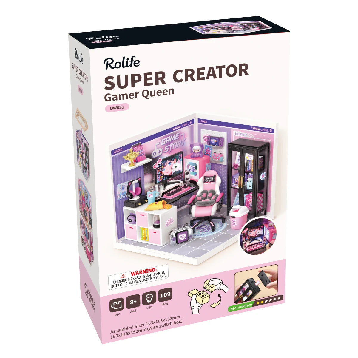 Rolife Super Creator Gamer Queen DW031 packaging box showing assembled miniature gaming room, 109 pieces, 8+ age, LED, intermediate difficulty, assembled size 163x163x152mm.