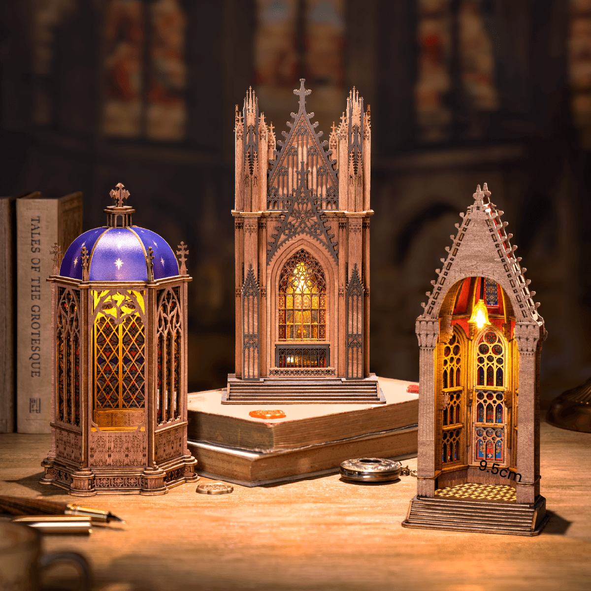 Rolife Geometric Cathedral 3D Wooden Puzzle 3D wooden architecture model, close-up of interior components and accessories