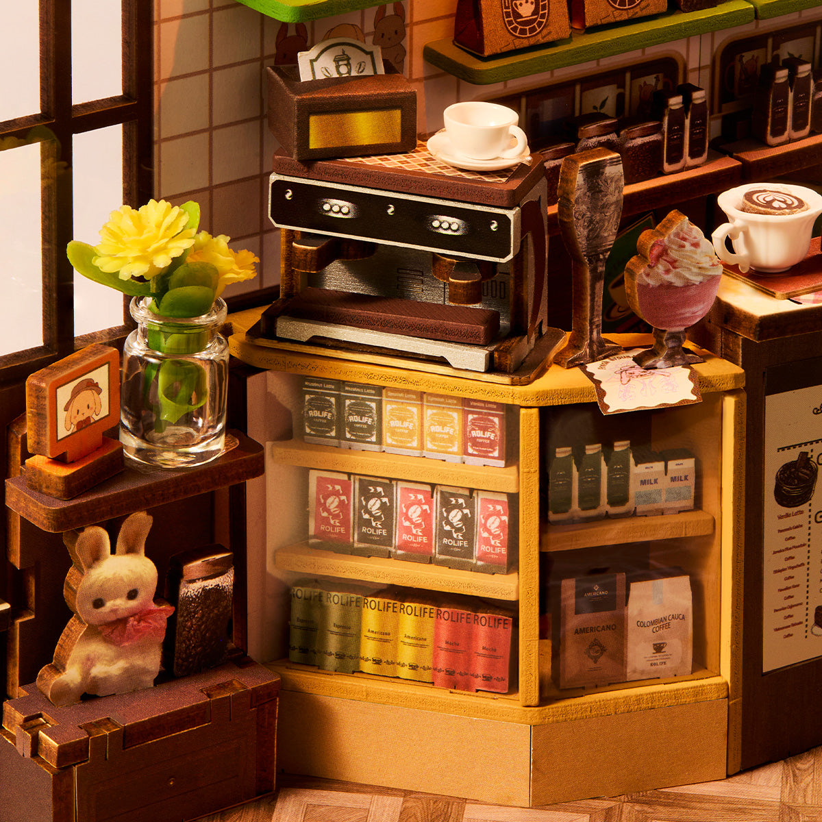 Rolife Holiday Cafe Book Nook Kit TGB15 3D wooden puzzle model, top-down view of layout and arrangement