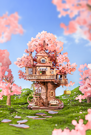 Robotime Japanese Style interest category tile, Rolife cherry blossom tree house 3D puzzle in a pink spring scene