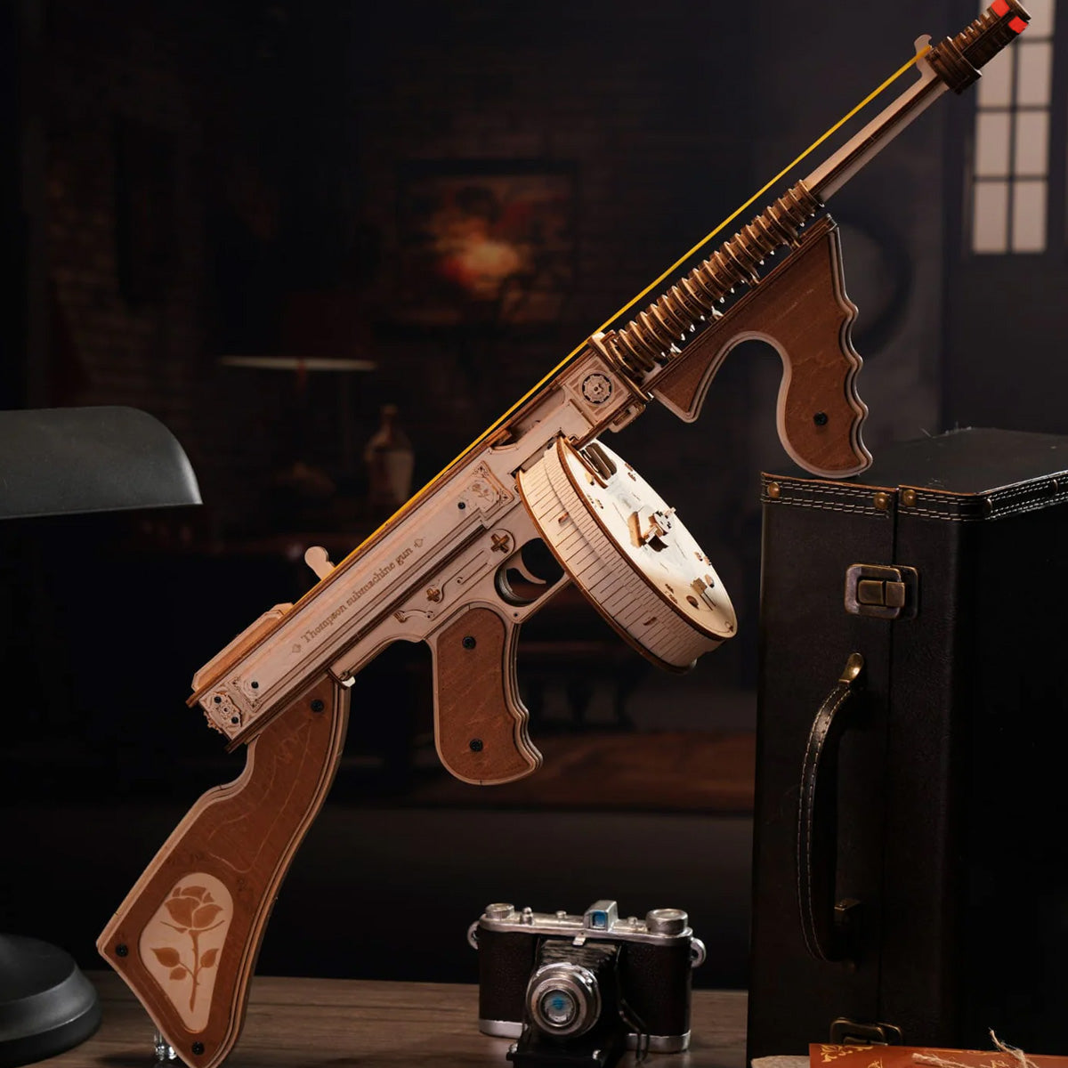 ROKR, Thompson Submachine Toy Gun, LQB01, 3D wooden toy gun puzzle, side angle