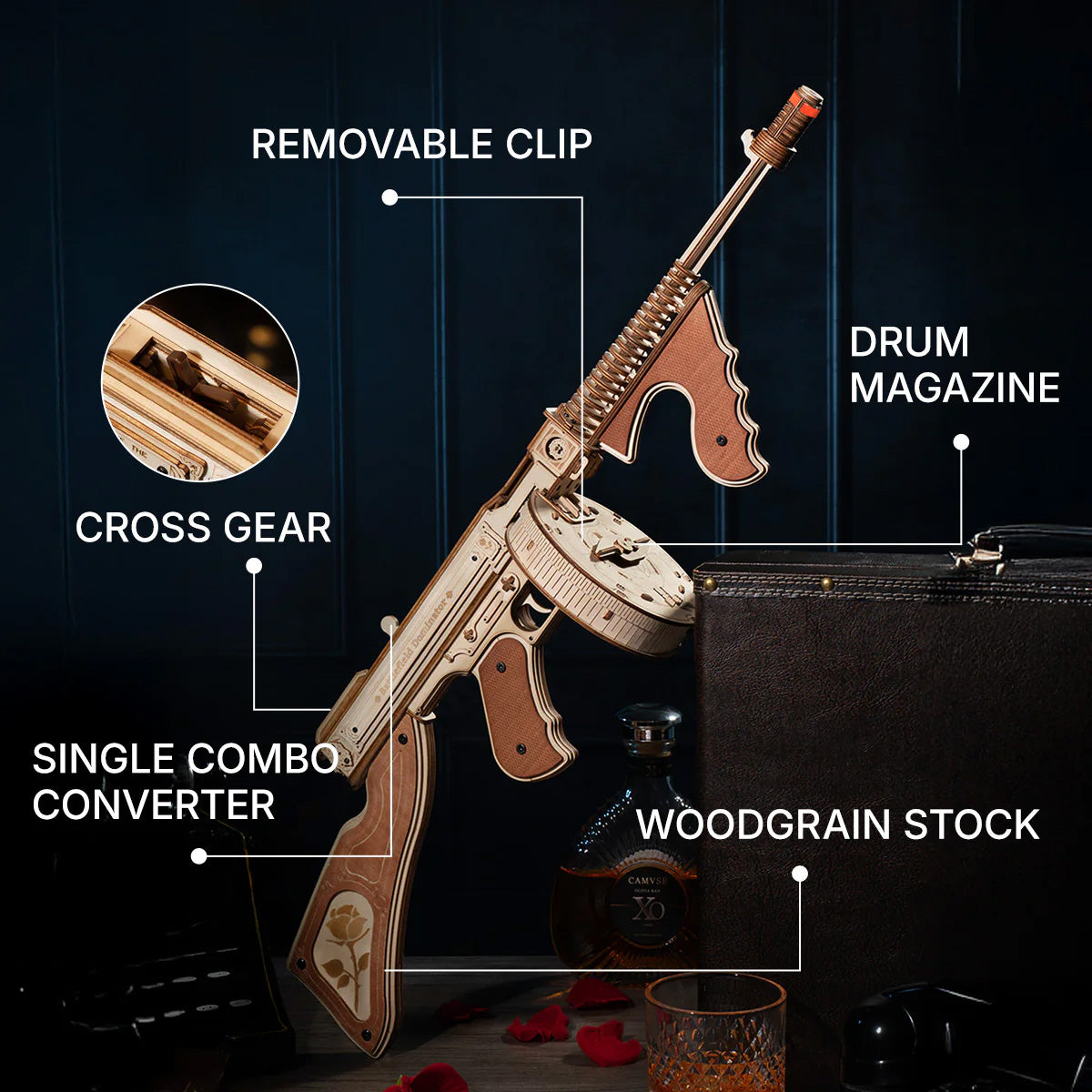 ROKR, Thompson Submachine Toy Gun, LQB01, 3D wooden toy gun puzzle, top-down view
