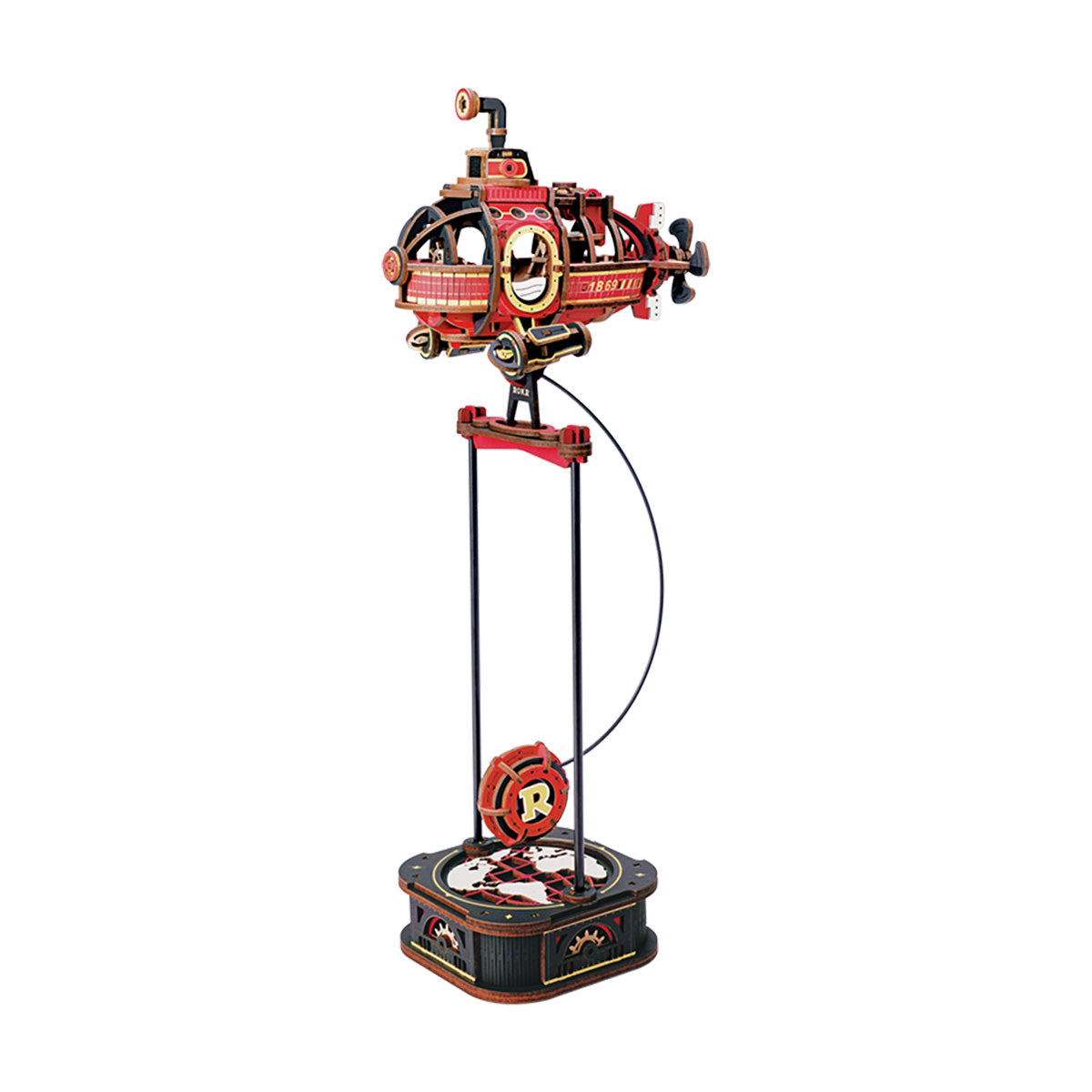 ROKR Deep-Sea Adventurer Gravity Swing MCD04 full side-view hero of red and black wooden steampunk submarine balancing on pendulum stand on white background