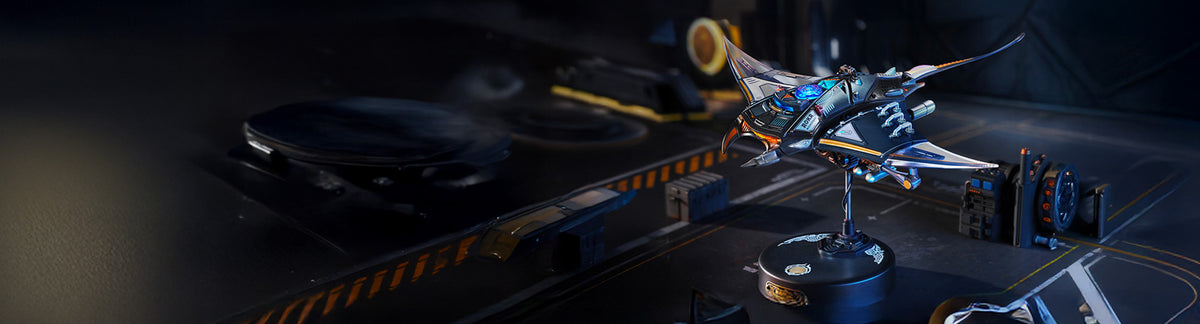 ROKR Manta Ray MI06 PC banner, dark mechanical manta ray with blue LED accent and wingspan detail on a sci-fi hangar backdrop