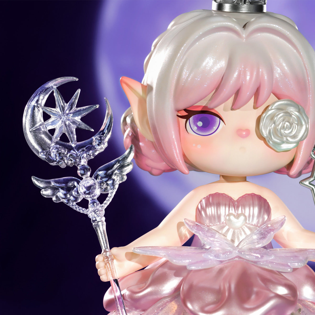 Rolife Suri Magic Princess figure wearing pink pearl dress holding star and moon wand with white rose hair accessory