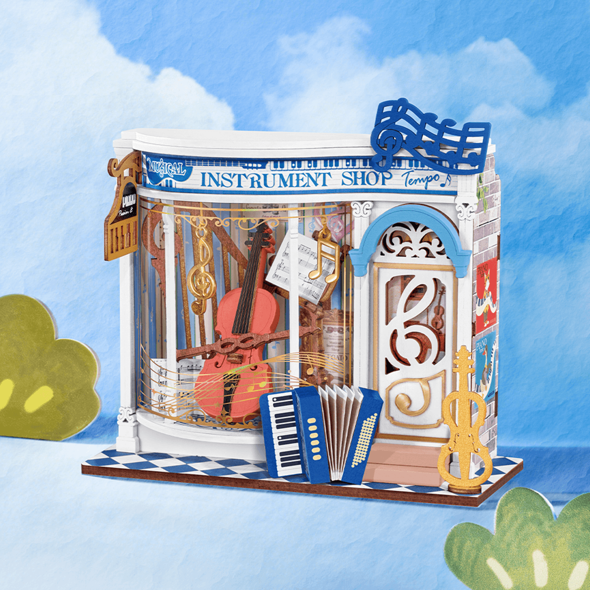 Rolife Melody Instrument Shop Miniature House DS047 DIY miniature house kit, angled view showing detail and craftsmanship