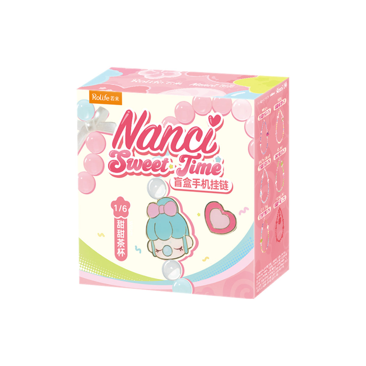 Rolife Nanci Sweet Time blind box single pack showing Tea Cup variant packaging with pink bubble design and Nanci character illustration.