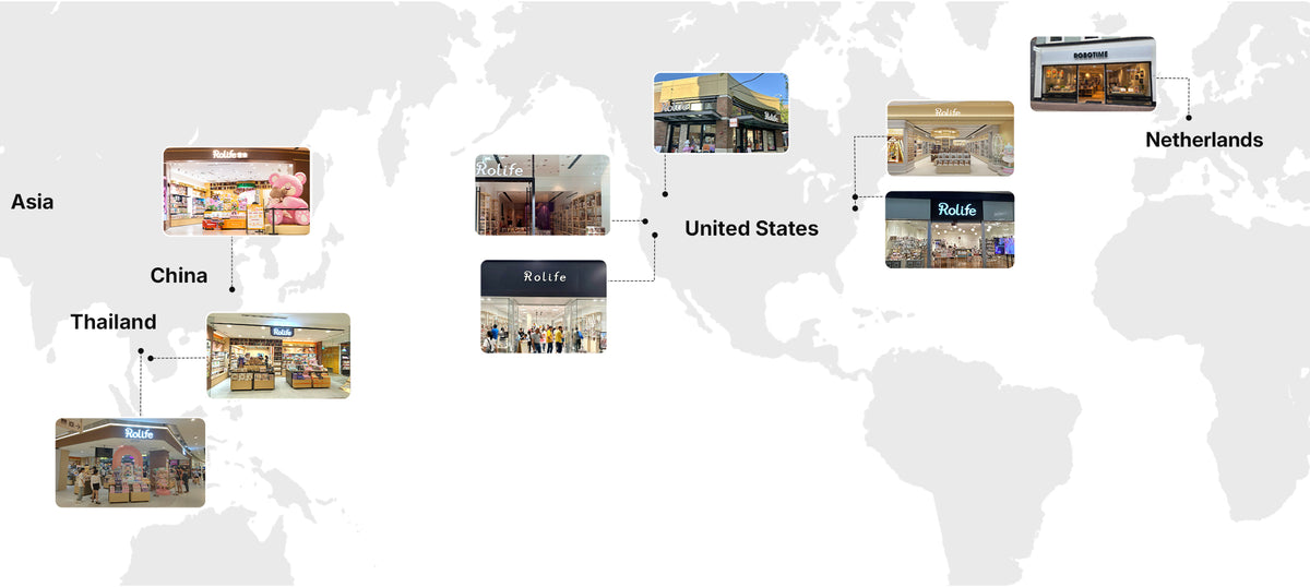 Robotime Rolife Netherlands store location PC banner showing world map with store photos pinned to China, Thailand, USA and Netherlands