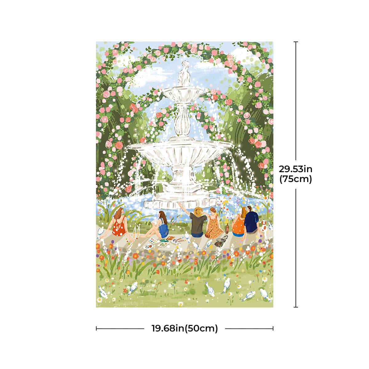 Rolife Afternoon Fountain PT001 dimension card showing completed artwork 19.68in wide by 29.53in tall with garden scene
