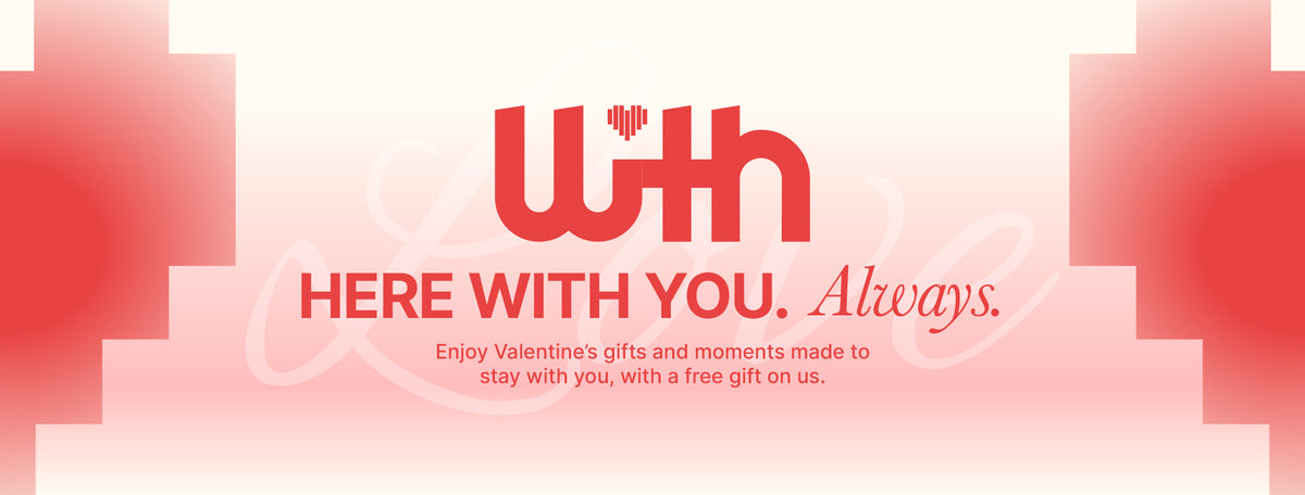 Robotime Valentine's Day HERE WITH YOU Always full-width desktop banner on deep pink and rose gradient background
