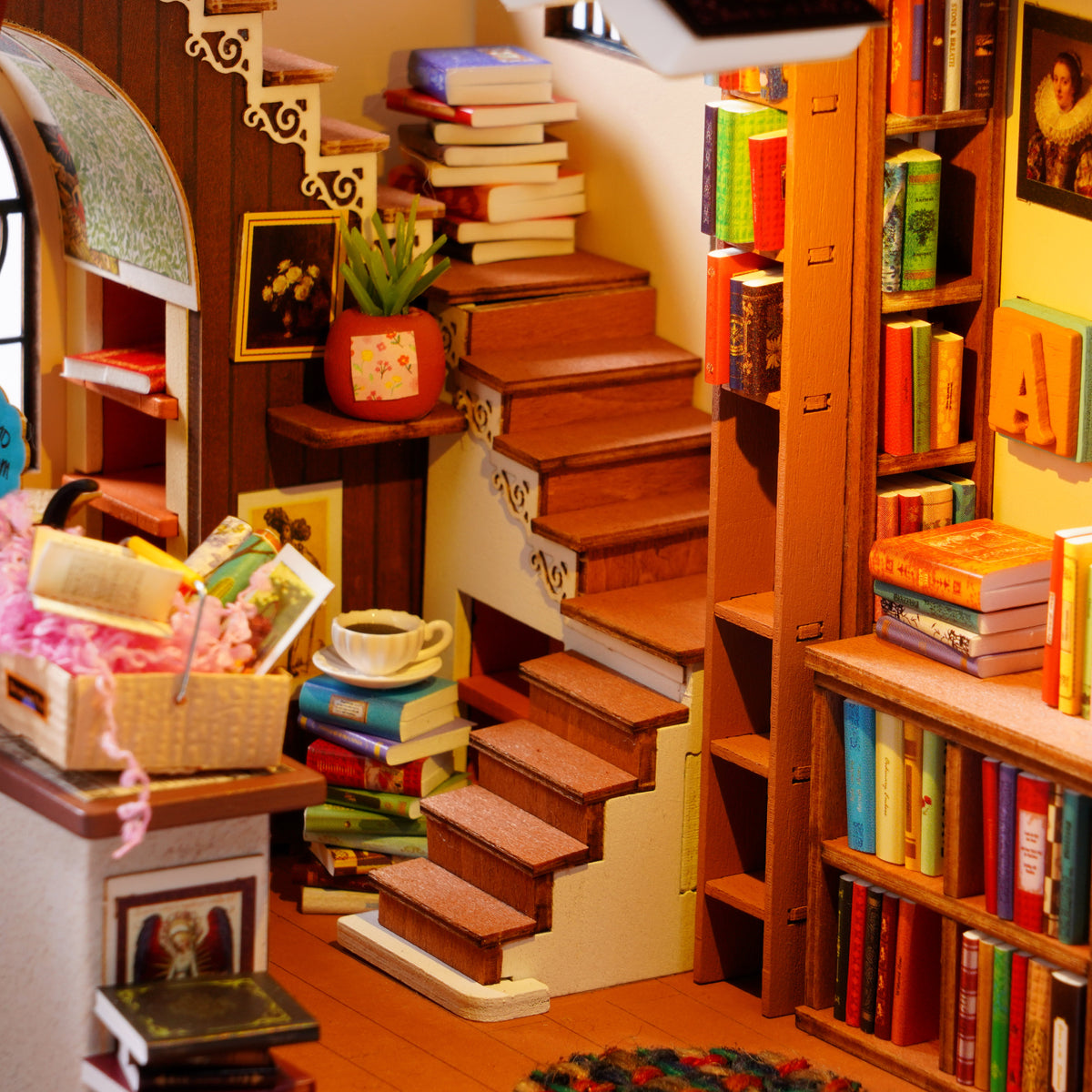 PageStory Books staircase detail with stacked novels, clock, baskets and tall bookcases
