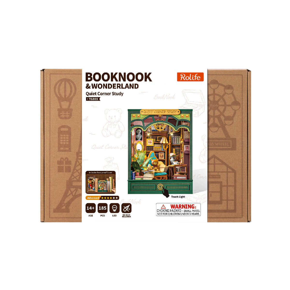 Rolife Booknook and Wonderland Quiet Corner Study retail packaging box in kraft brown with product illustration on front