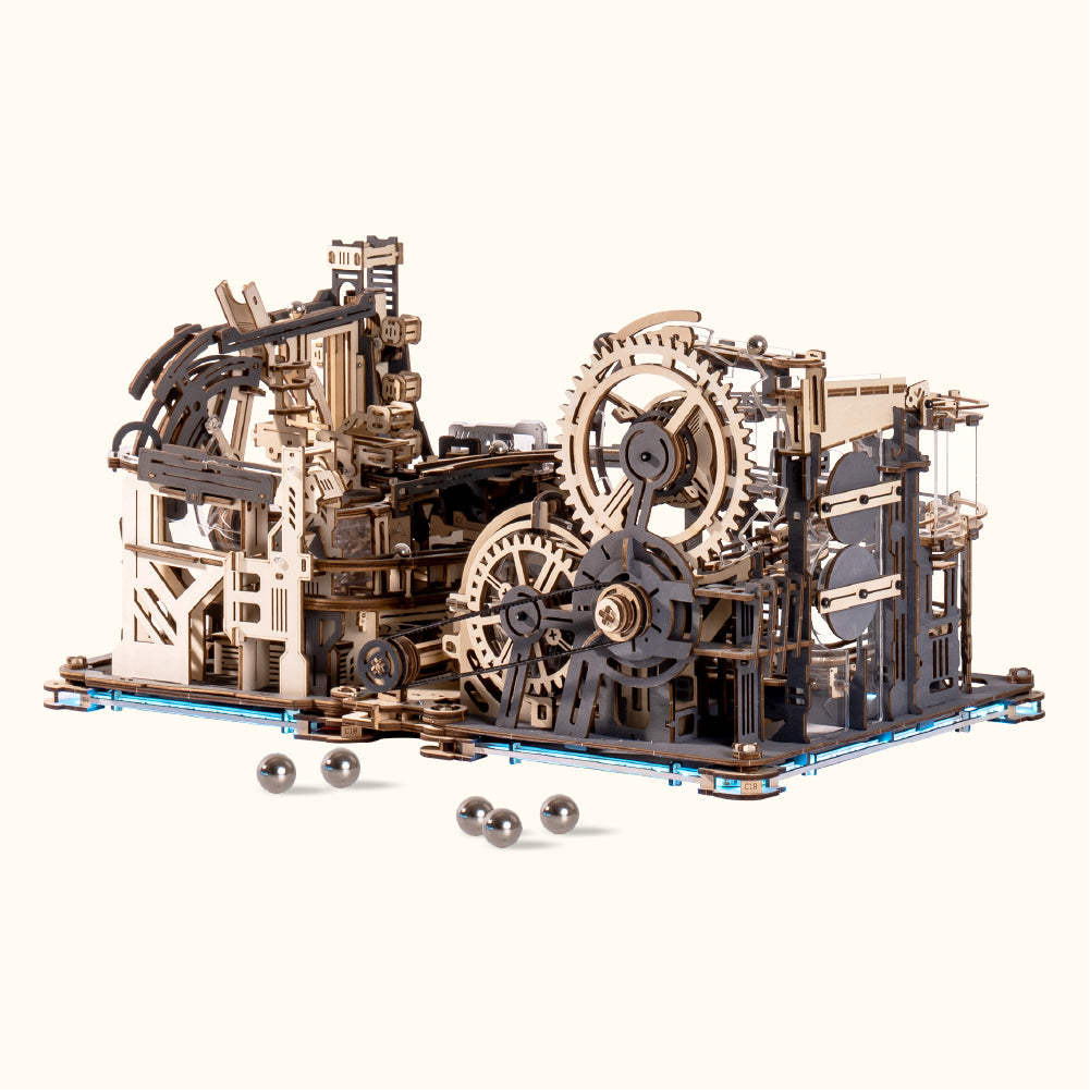 ROKR Marble Spaceport mechanical 3D wooden puzzle with large gear wheels and marble run tracks on a white background.