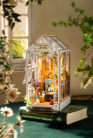 Robotime Reading interest category tile, Rolife book nook greenhouse shelf insert displayed among books on a green reading nook shelf