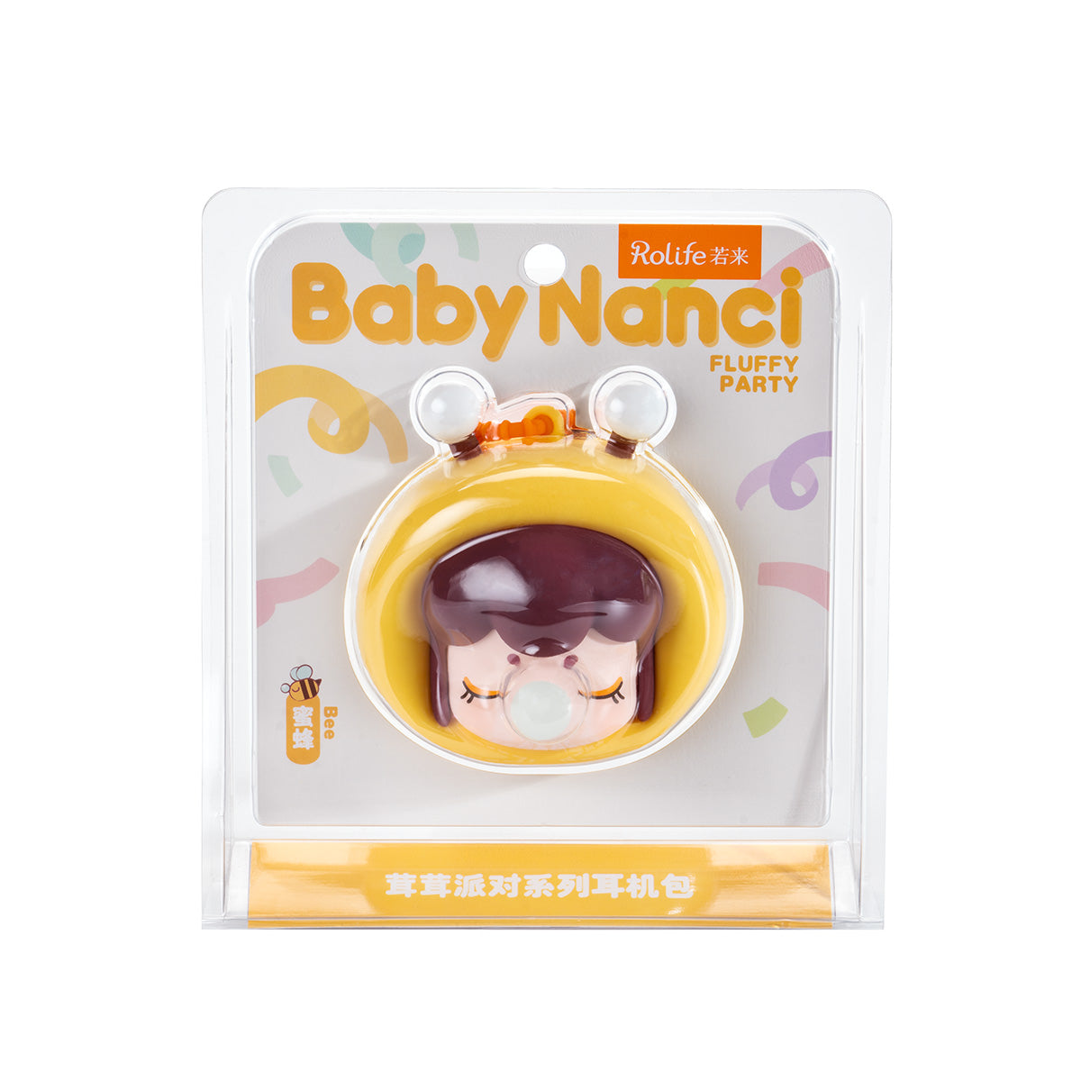 Rolife Baby Nanci Fluffy Party Headphone Case Rabbit variant clipped to a yellow crossbody bag strap worn by a person in a striped sweater