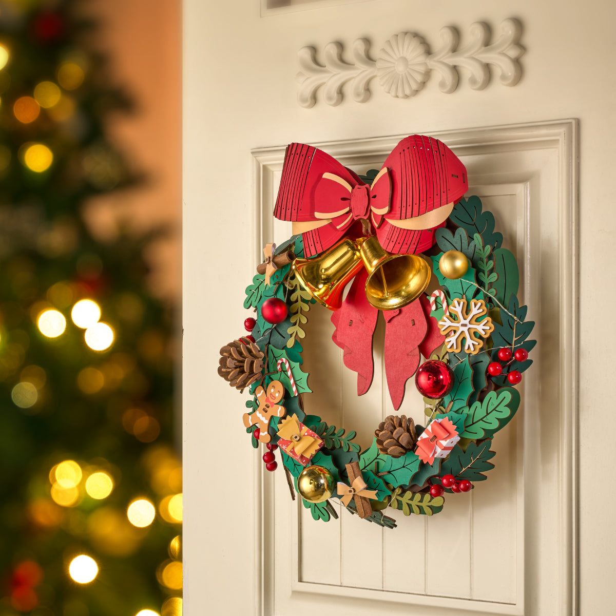 Rolife Christmas Wreath 3D Wooden Puzzle TGL04 3D wooden puzzle model, top-down view of layout and arrangement