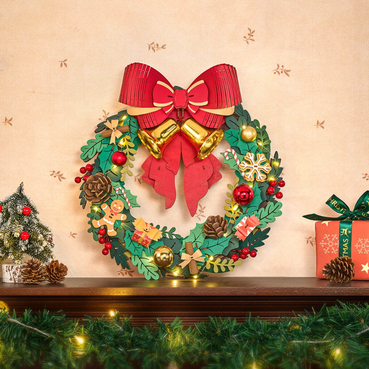 Rolife Christmas Wreath 3D Wooden Puzzle TGL04 3D wooden puzzle model, angled view showing detail and craftsmanship