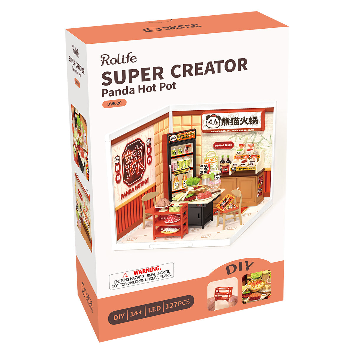 Rolife Super Creator Panda Hot Pot DW020 retail box in orange with completed hotpot restaurant model on front and 127 PCS, DIY, LED, and age 14 plus specifications
