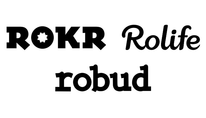 ROKR, Rolife and robud black wordmarks arranged together on white