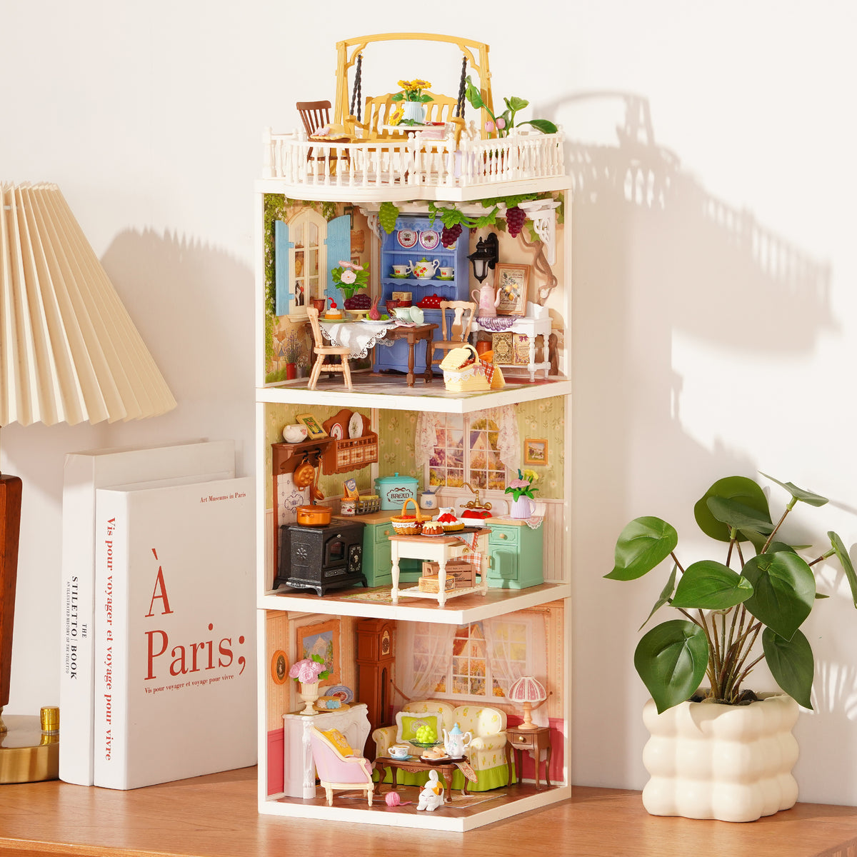 Rolife Romantic Countryside Super Creator 3-in-1 front hero shot showing full four-room I-shape dollhouse with rooftop terrace