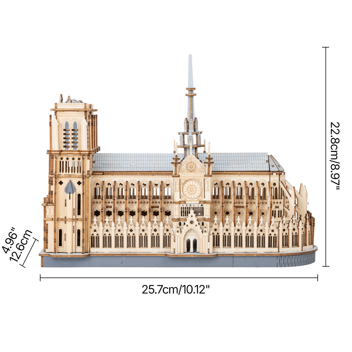 Rowood Paris Cathedral TG511 wooden puzzle showing the illuminated flying buttresses and side nave with warm LED backlighting on a dark wooden surface