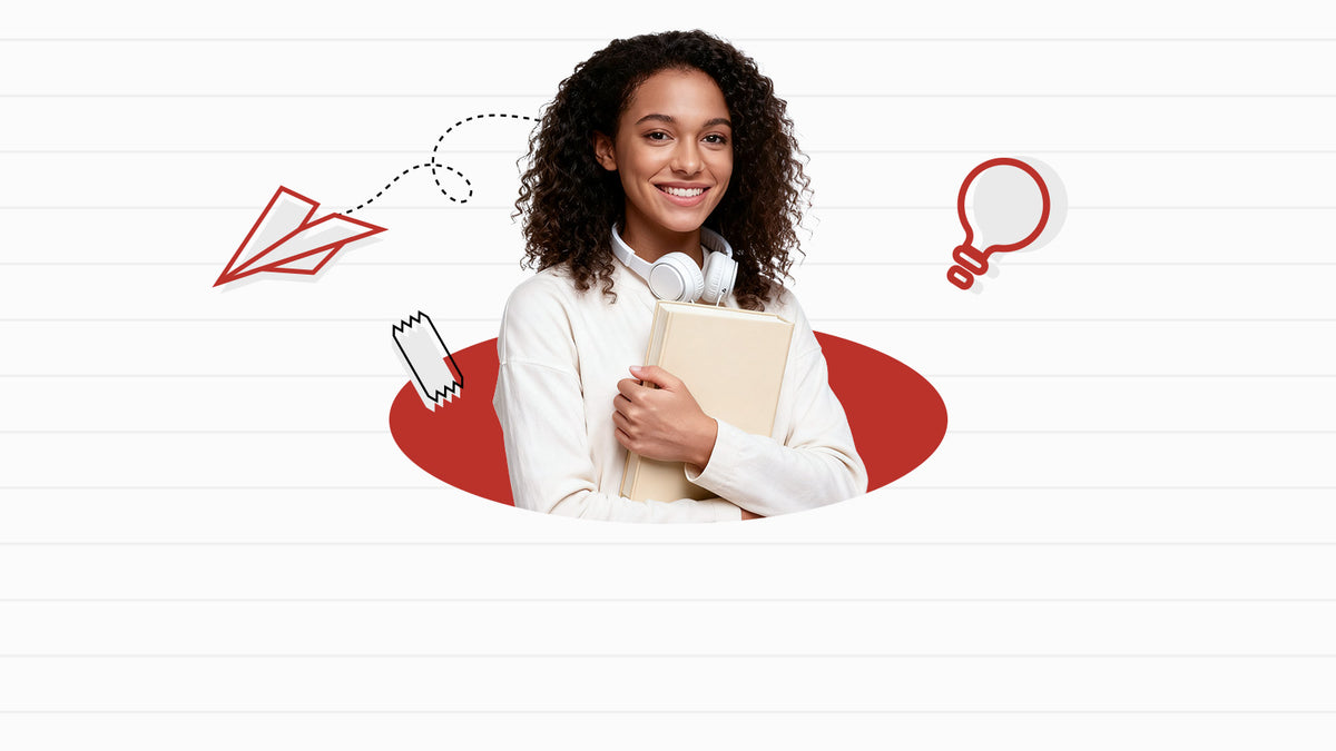 Robotime Online student discount desktop banner showing smiling student with headphones books and paper plane on red and white background