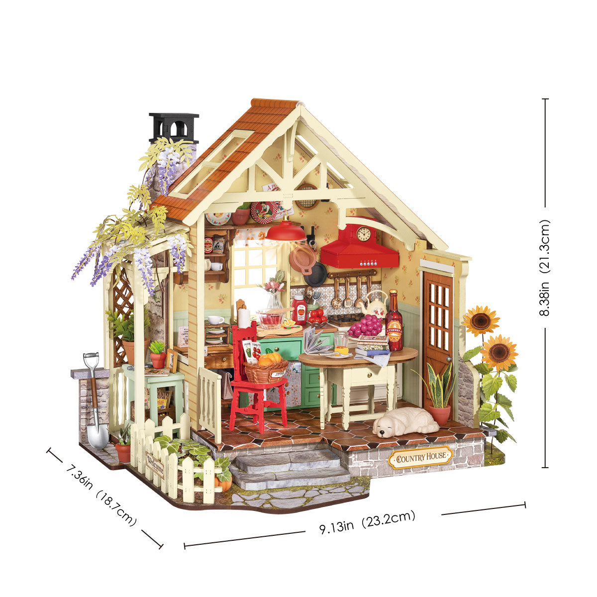 Rolife miniature farmhouse dollhouse with printed dimension annotations showing width and height measurements