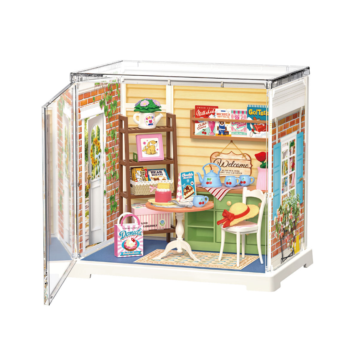 Rolife Sunshine Sip Porch Miniature House DWS07B DIY miniature house kit, product front view on neutral background