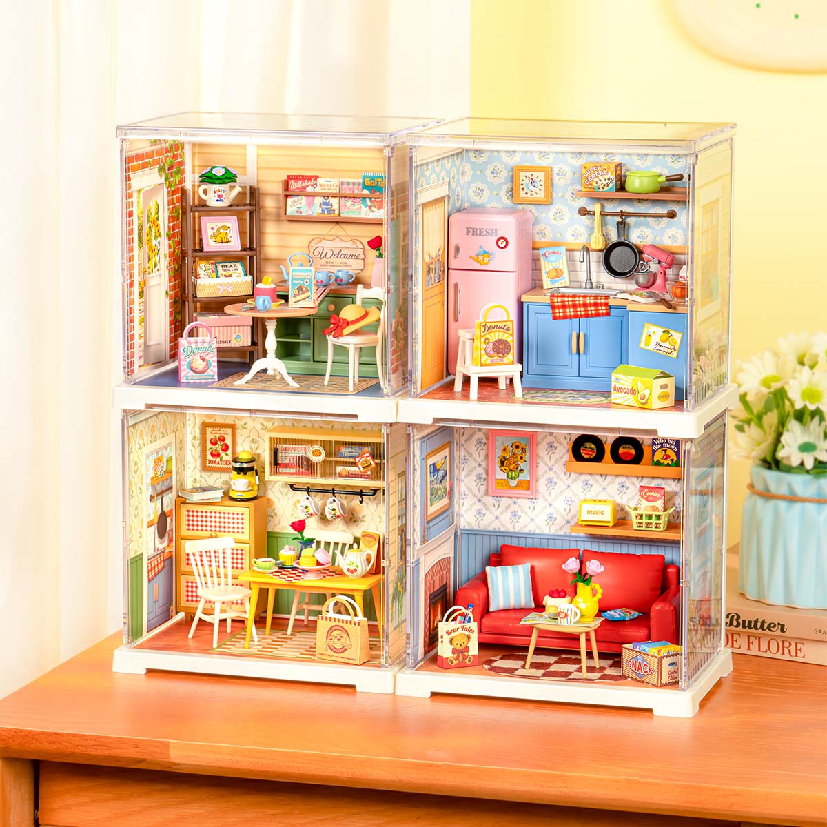 Rolife Sunshine Sip Porch Miniature House DWS07B DIY miniature house kit, close-up of interior components and accessories