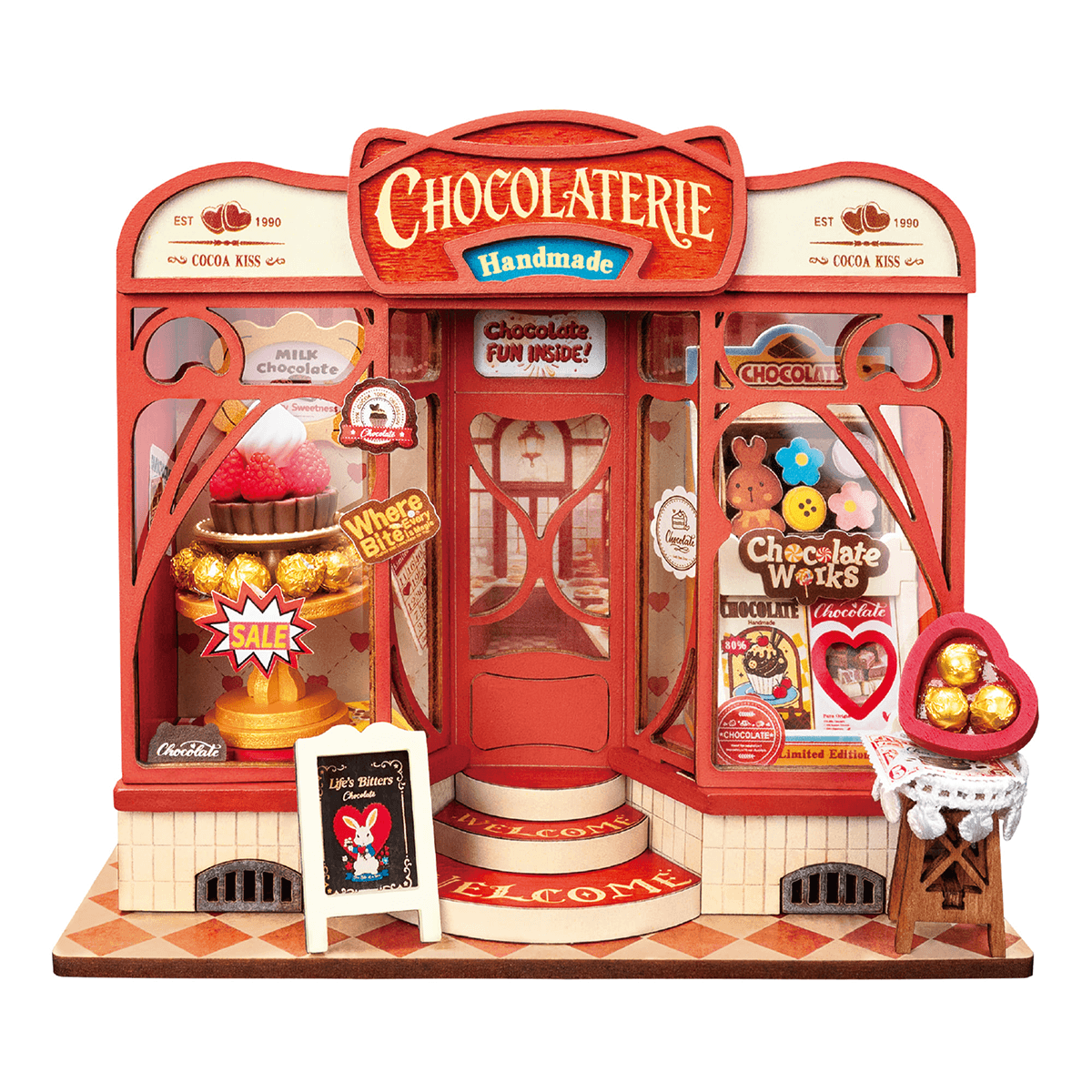 Rolife Sweet Chocolate Shop Miniature House DS046 DIY miniature house kit, product front view on neutral background