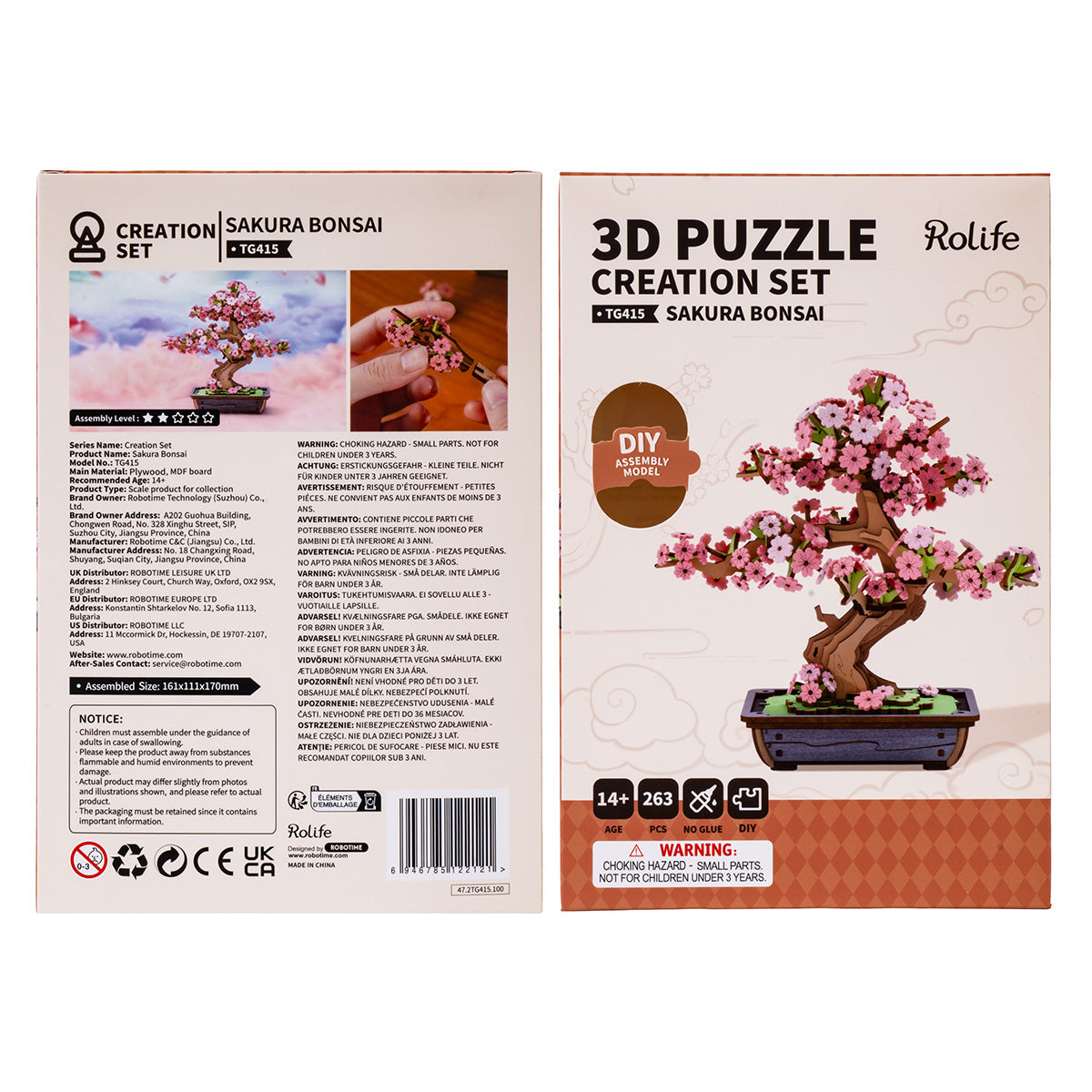 Rolife Sakura Bonsai TG415 box packaging back view showing product specs, piece count and safety icons