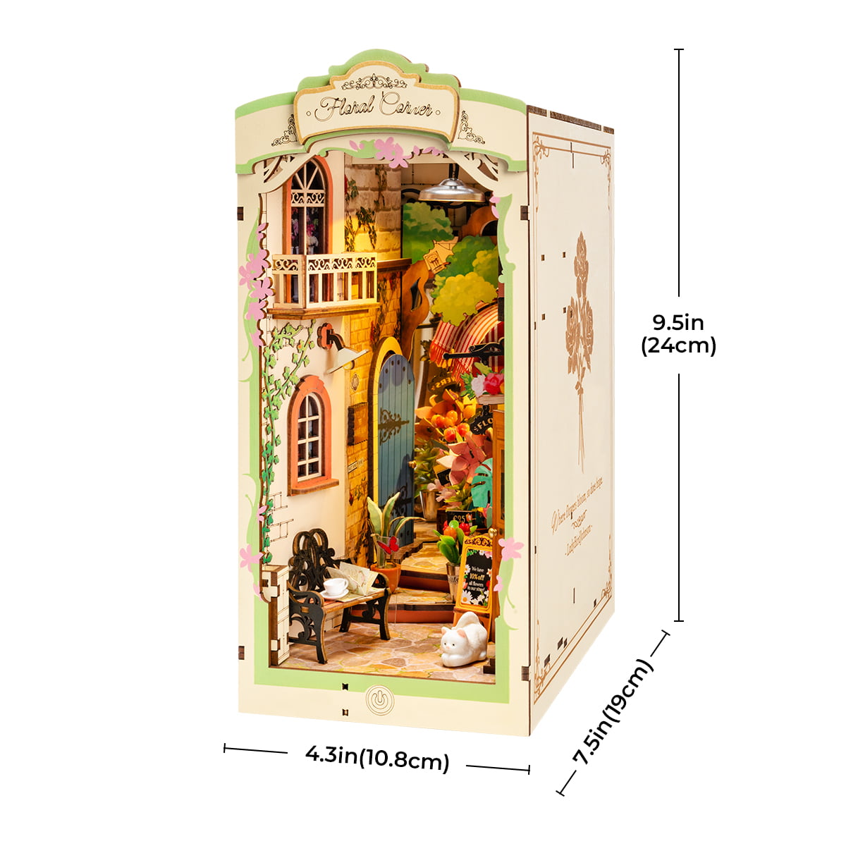 Rolife Floral Corner TGB09 Book Nook side view with dimensions 4.3 by 7.5 by 9.5 inches showing the flower shop diorama with hanging blossoms