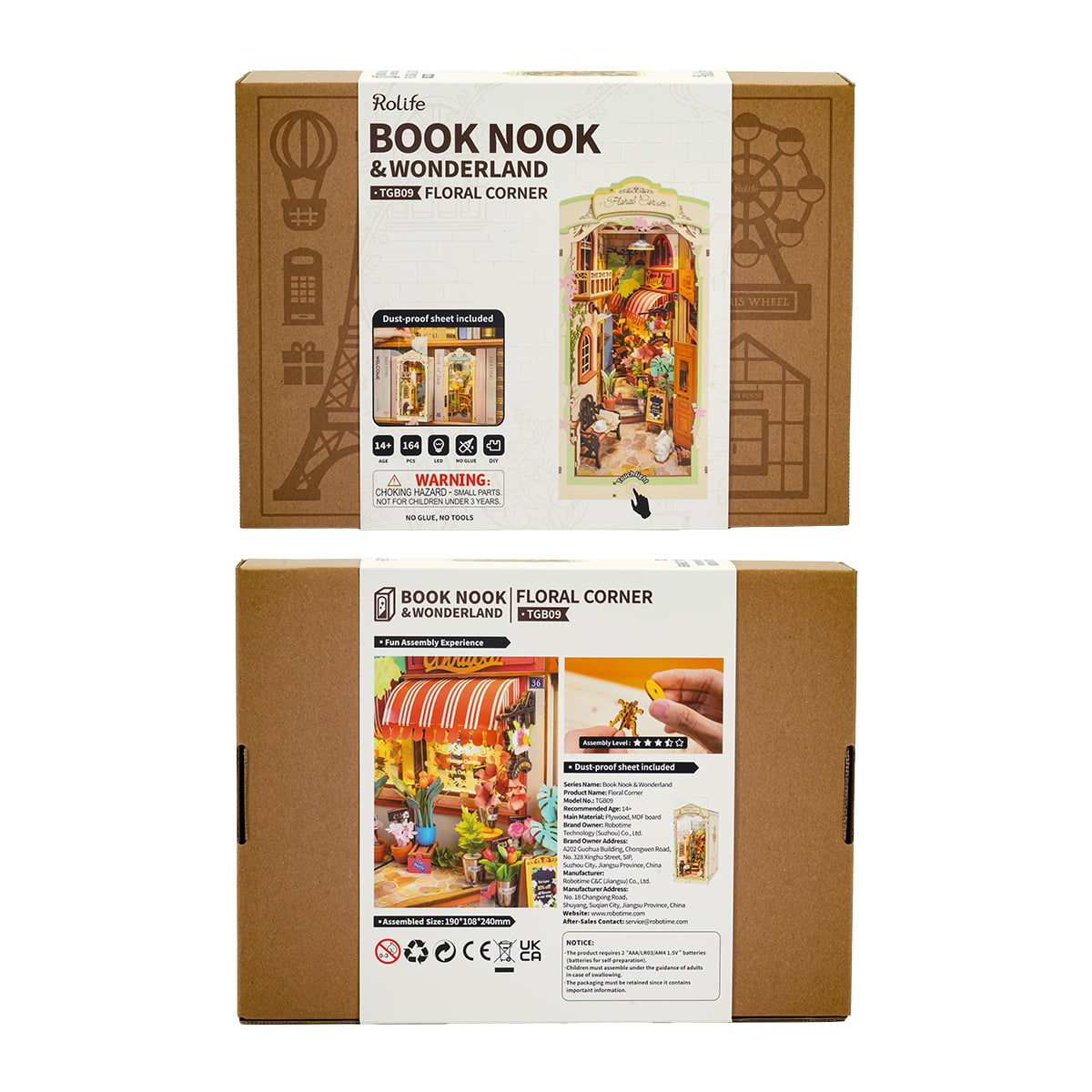 Rolife Floral Corner TGB09 Book Nook packaging front and back showing kraft box with product information assembly level and specifications