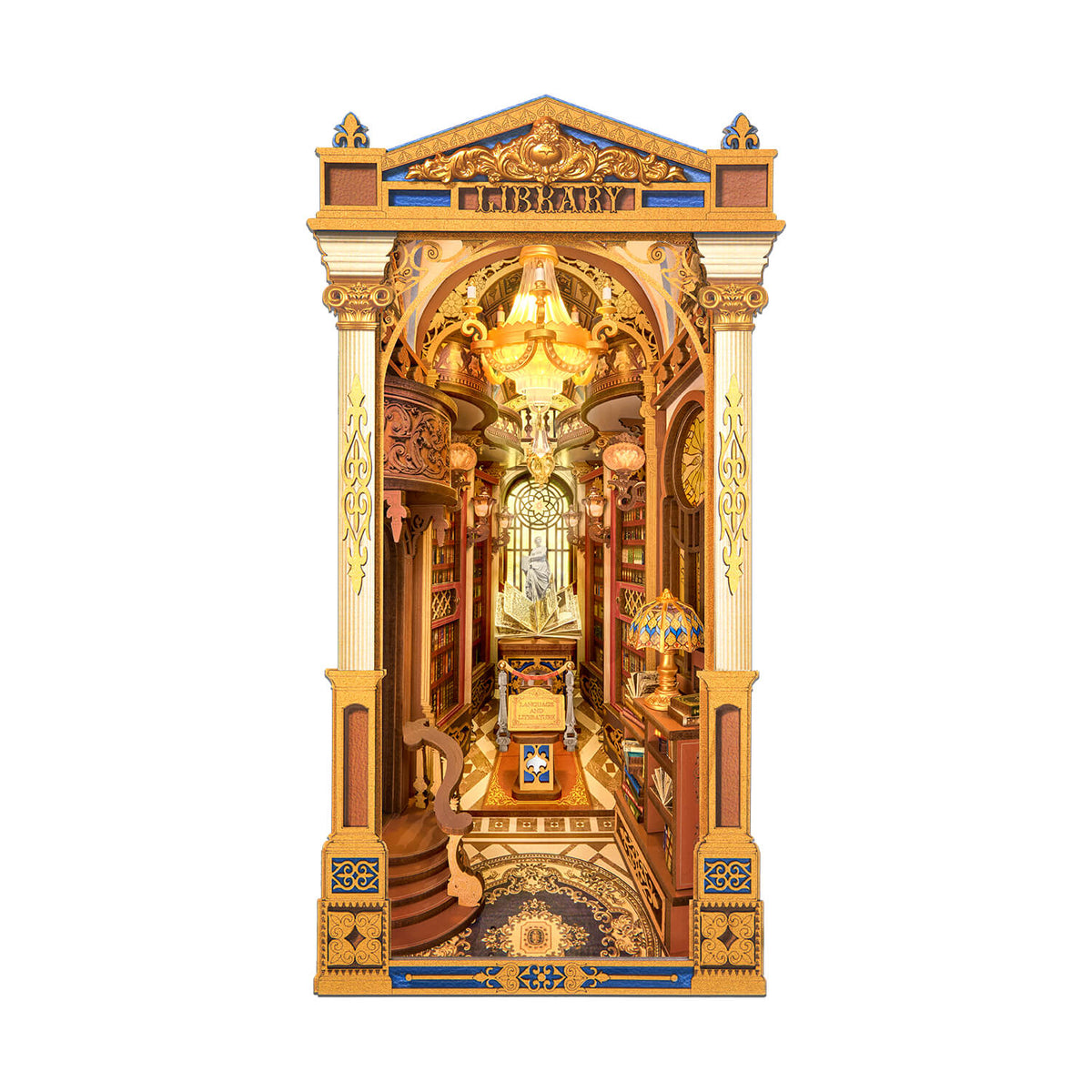 Rolife Library of Wonders Book Nook TGB16 3D wooden puzzle model, product front view on neutral background