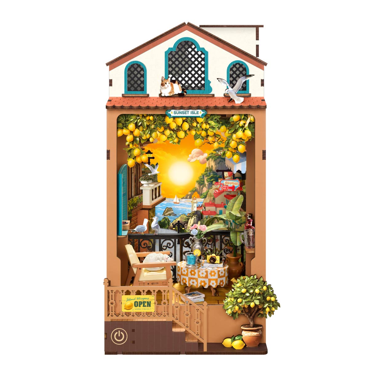 Rolife book nook miniature of a sunlit lemon garden cafe with terracotta planters, yellow fruit, and glowing interior light, hero product view on white background