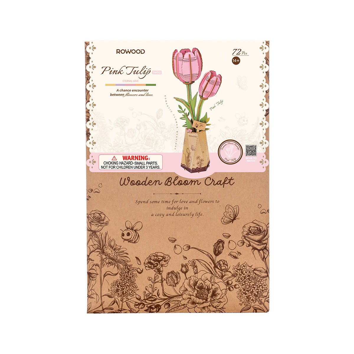 Rowood Pink Tulip DIY Flower 3D Wooden Puzzle TW082, 3D wooden DIY flower puzzle, in-use demonstration