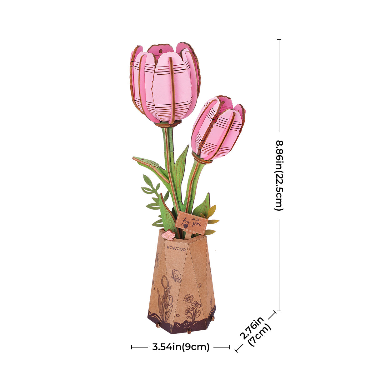 Rowood Pink Tulip DIY Flower 3D Wooden Puzzle TW082, 3D wooden DIY flower puzzle, top-down view