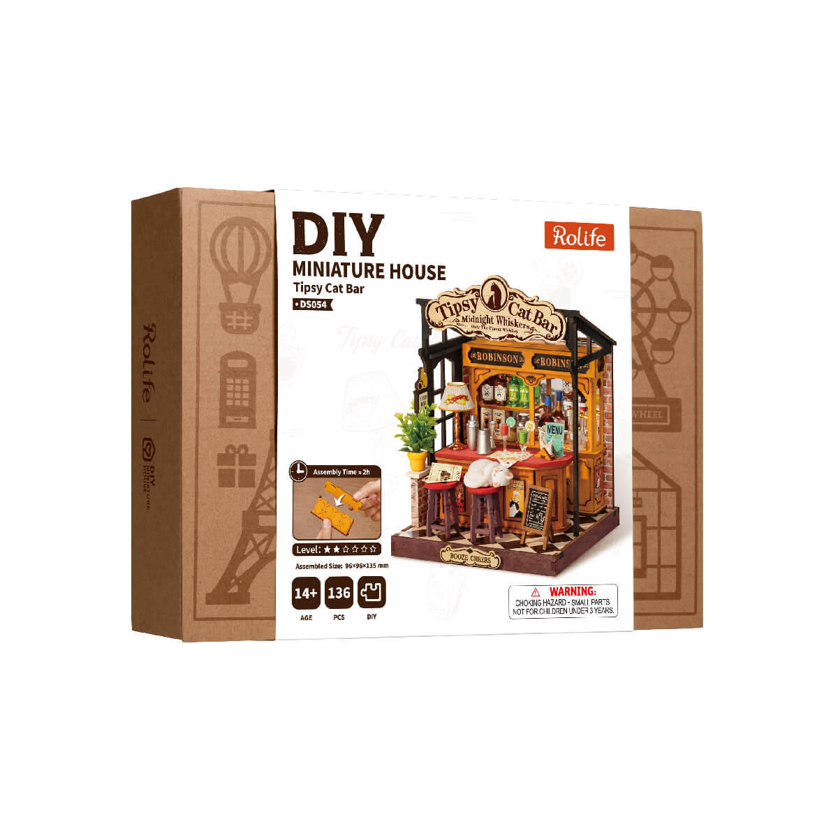 Rolife Tipsy Cat Bar Miniature House DS054 DIY miniature house kit, side view highlighting structure and scale