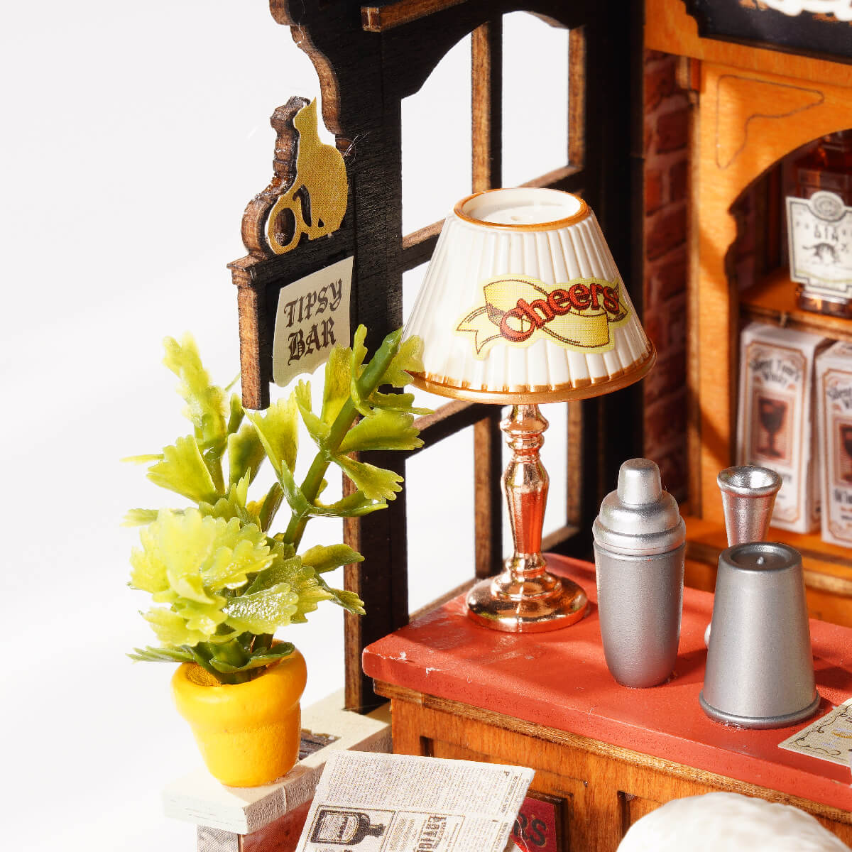 Rolife Tipsy Cat Bar Miniature House DS054 DIY miniature house kit, detail of decorative elements and finish
