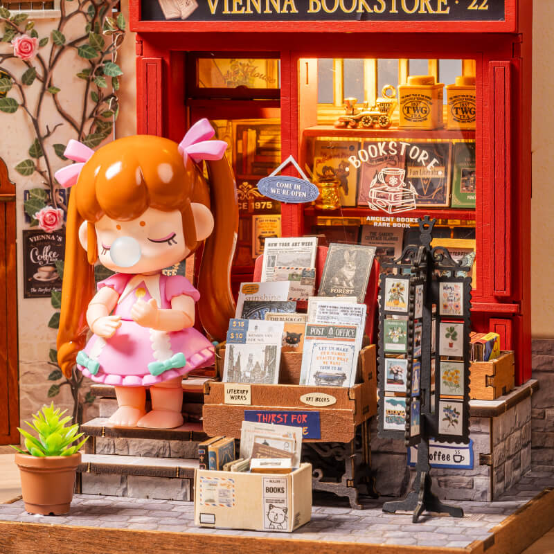Rolife Vienna Bookstore Miniature House DG183 DIY miniature house kit, styled lifestyle scene with model assembled