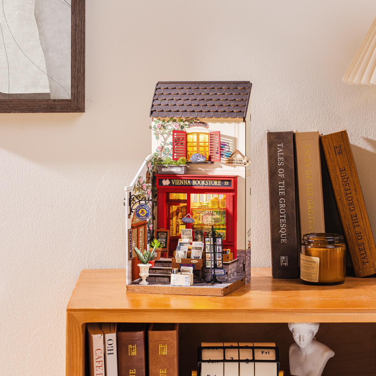 Rolife Vienna Bookstore Miniature House DG183 DIY miniature house kit, close-up of interior components and accessories